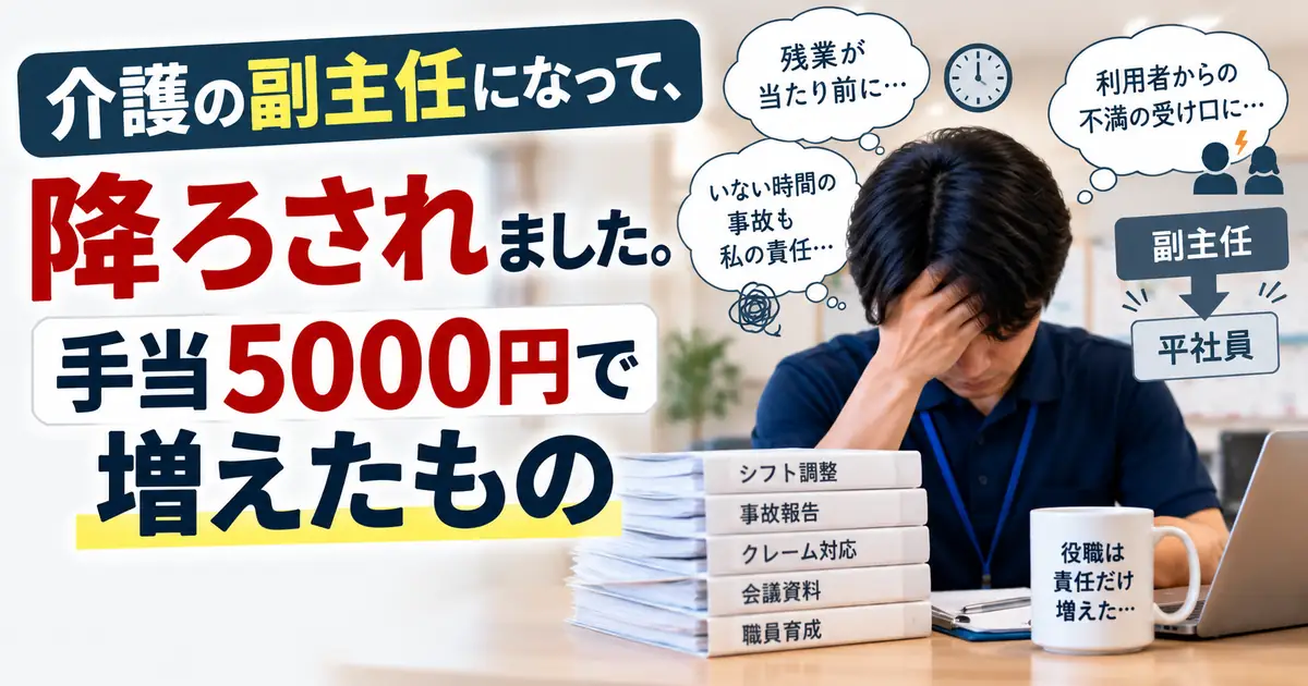 書類の山を前に頭を抱える介護の副主任と、残業・事故の責任・利用者からの不満という負担、副主任から平社員への降格を示した図