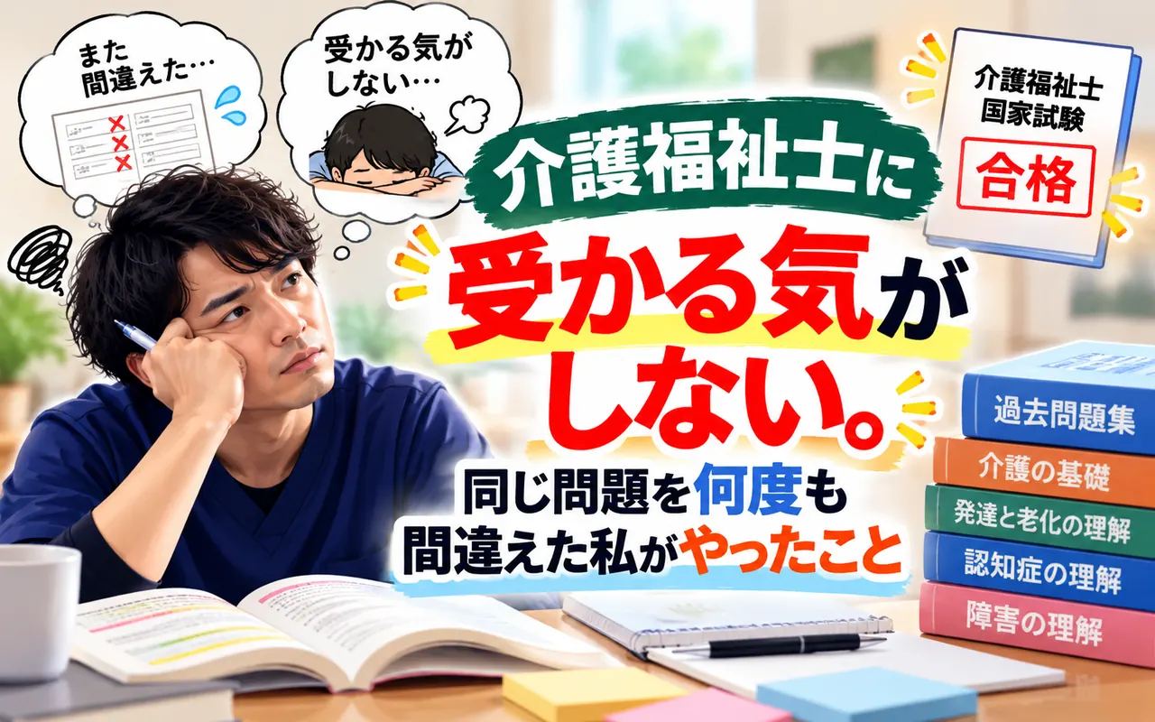 介護福祉士の国家試験に受かる気がしないと悩む男性介護職員。同じ過去問を何度も間違えながら勉強する様子