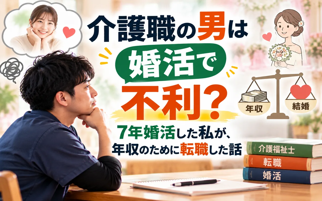 介護職の男性が婚活と年収について悩む様子。7年間の婚活経験と、収入を増やすために転職した体験談のアイキャッチ画像