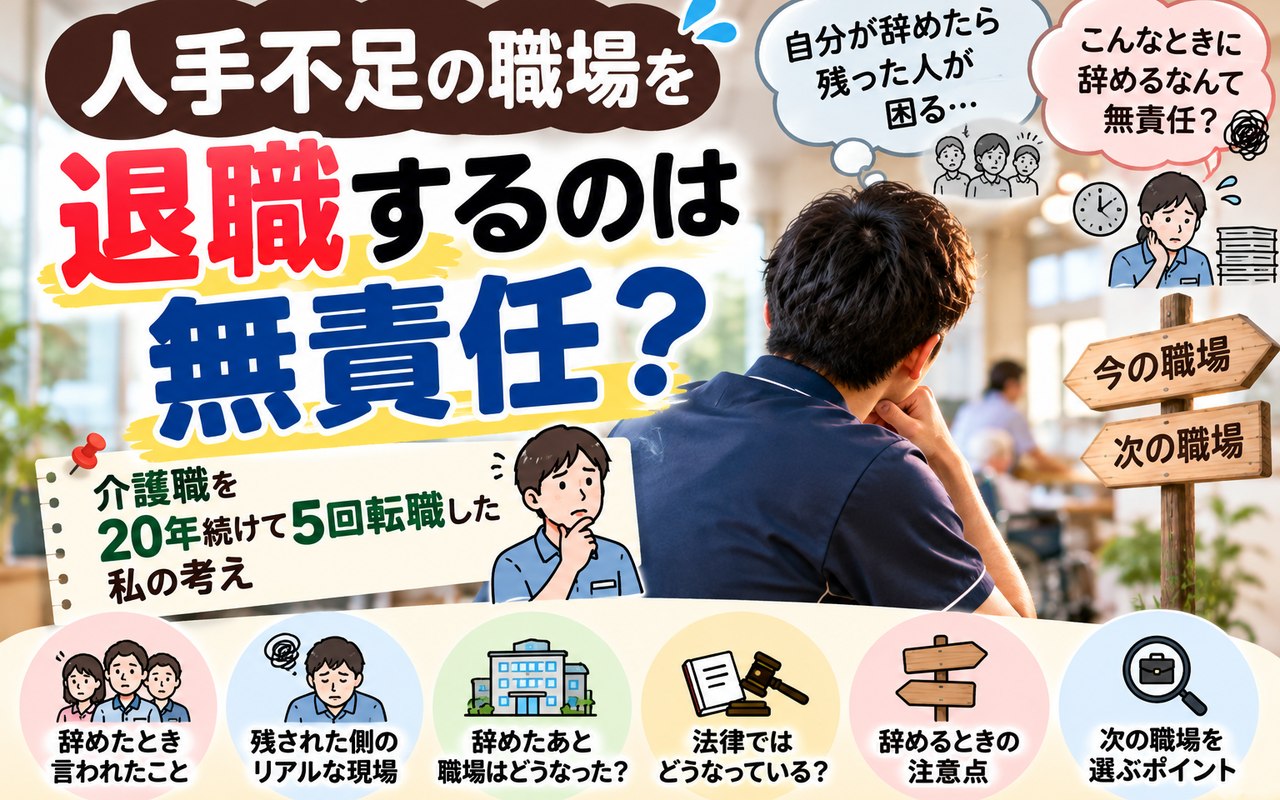 人手不足の介護施設を退職するのは無責任なのか悩む男性介護職員のイラスト。介護職20年・転職5回の経験から解説